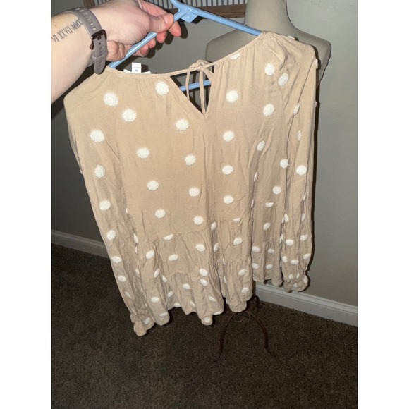 Blu Pepper Tan Polka Dot Long Sleeve Tiered Ruffle Peasant Blouse Top M - Picture 5 of 8